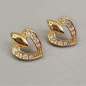 Vintage Avon Gold Tone Rhinestone Heart Earrings Women’s Gold Earrings